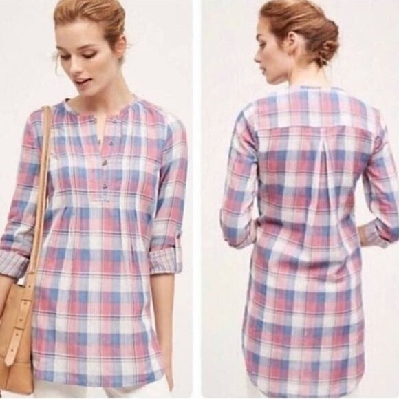 Holding Horses Pink Blue Plaid Tunic Top Size 12 Gauze Roll Tab Sleeve Hi Low - Picture 1 of 9